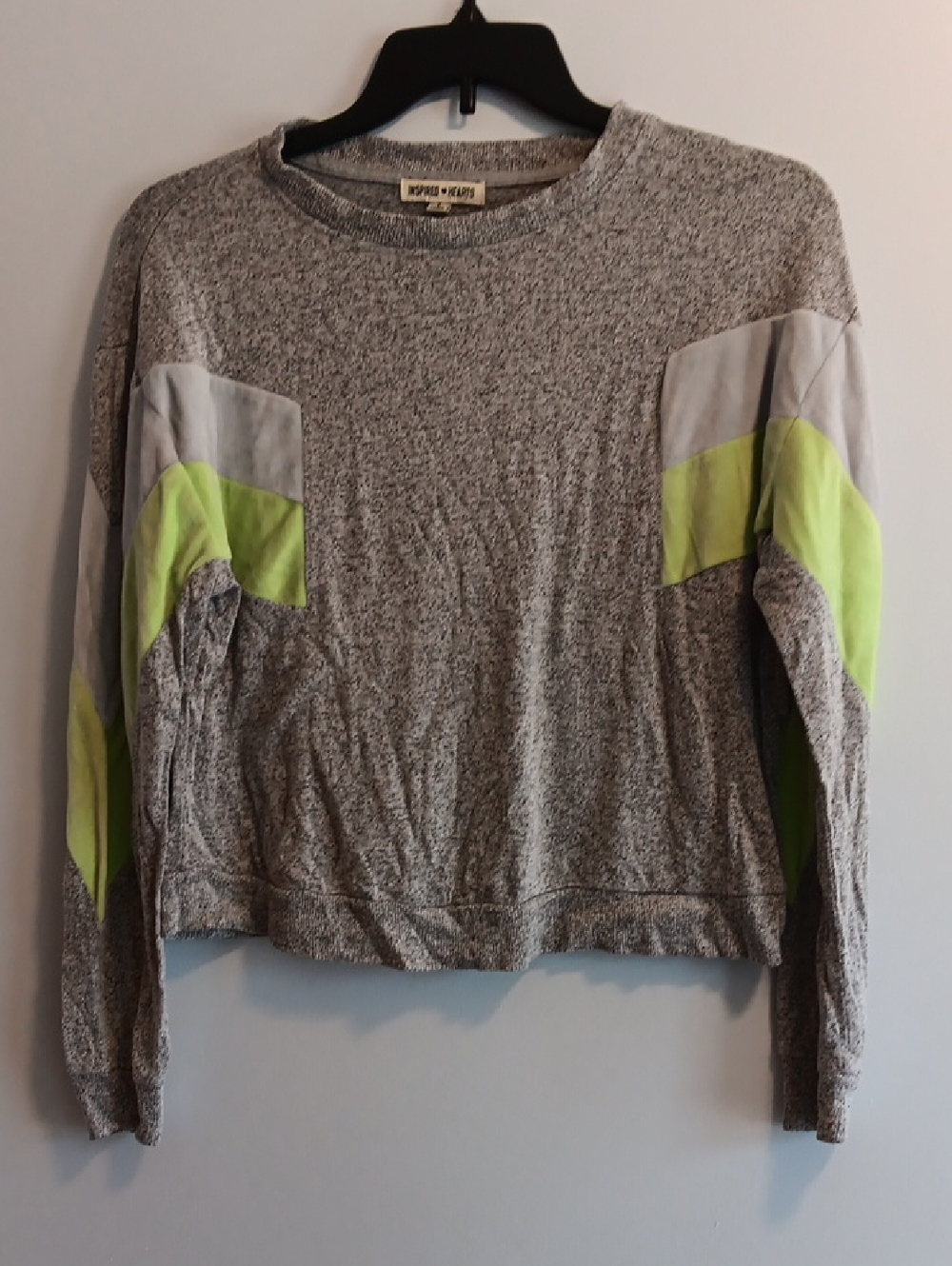 Inspired Hearts Gray Crewneck Sweater with Neon Yellow and Light Gray Panels
